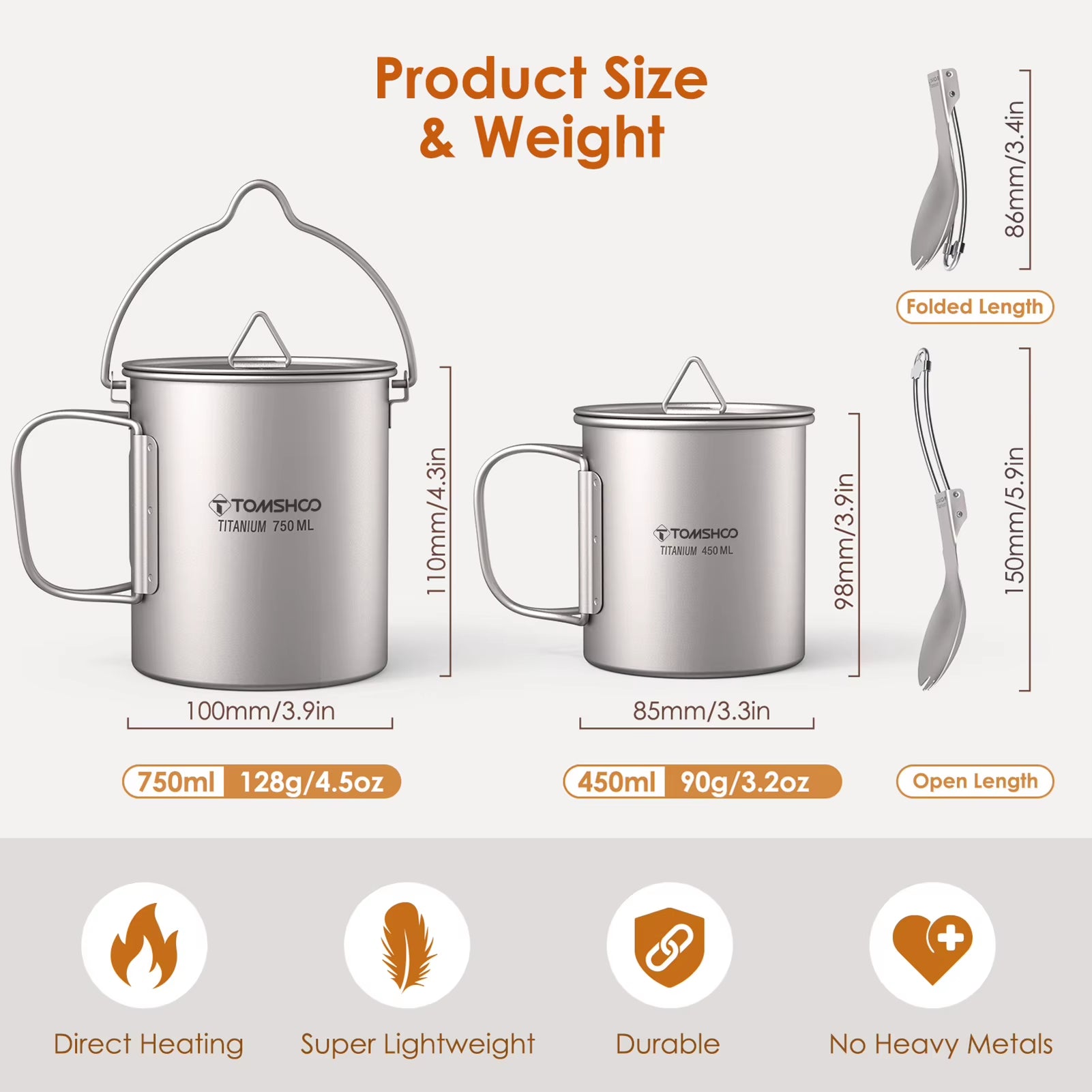 3 PCS Titanium Cookware Set Ultralight 750Ml Pot 450Ml Water Cup Mug W Lid Folding Spork for Outdoor Camping Backpacking