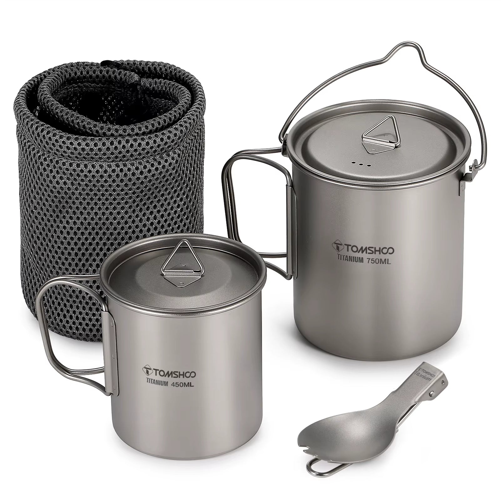 3 PCS Titanium Cookware Set Ultralight 750Ml Pot 450Ml Water Cup Mug W Lid Folding Spork for Outdoor Camping Backpacking