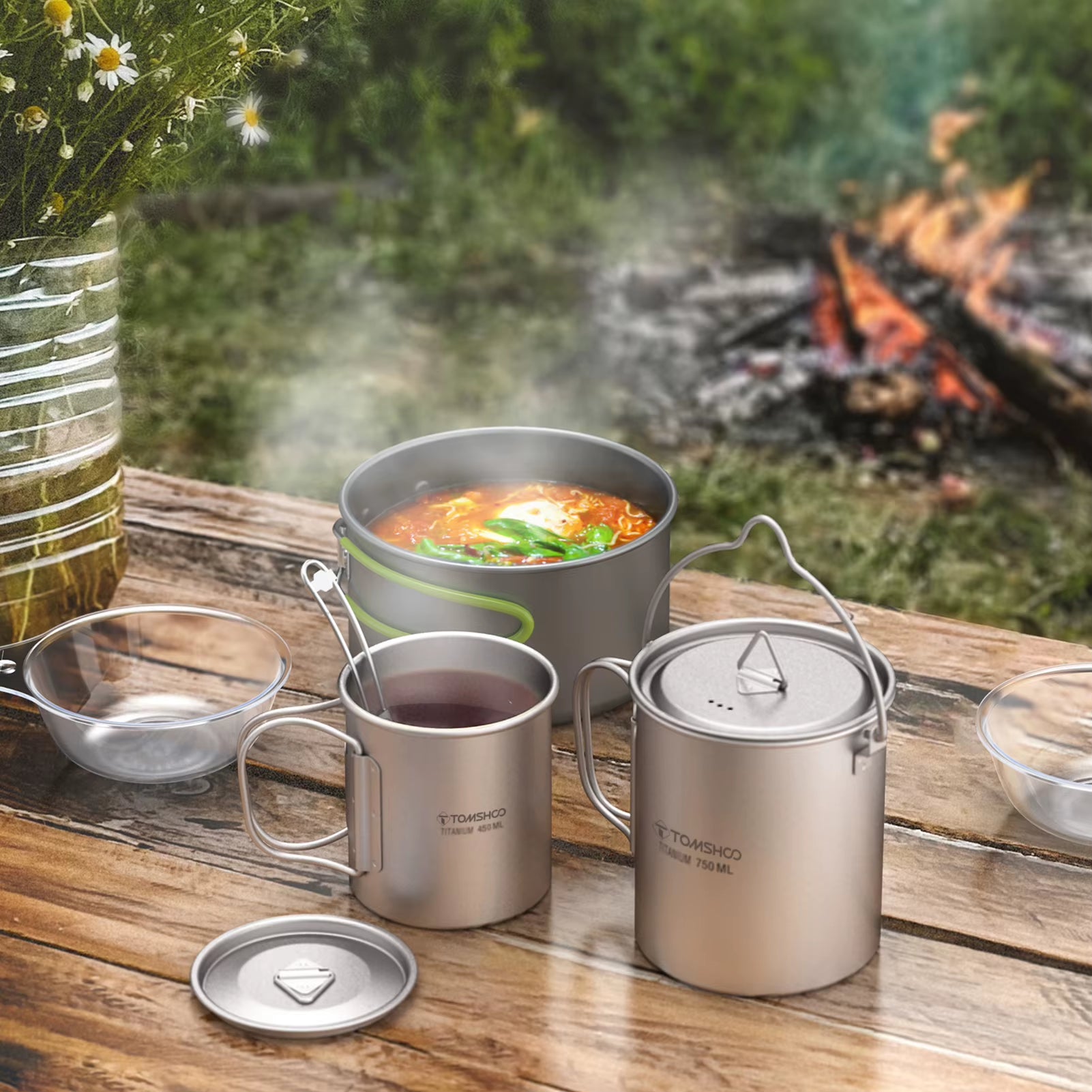 3 PCS Titanium Cookware Set Ultralight 750Ml Pot 450Ml Water Cup Mug W Lid Folding Spork for Outdoor Camping Backpacking