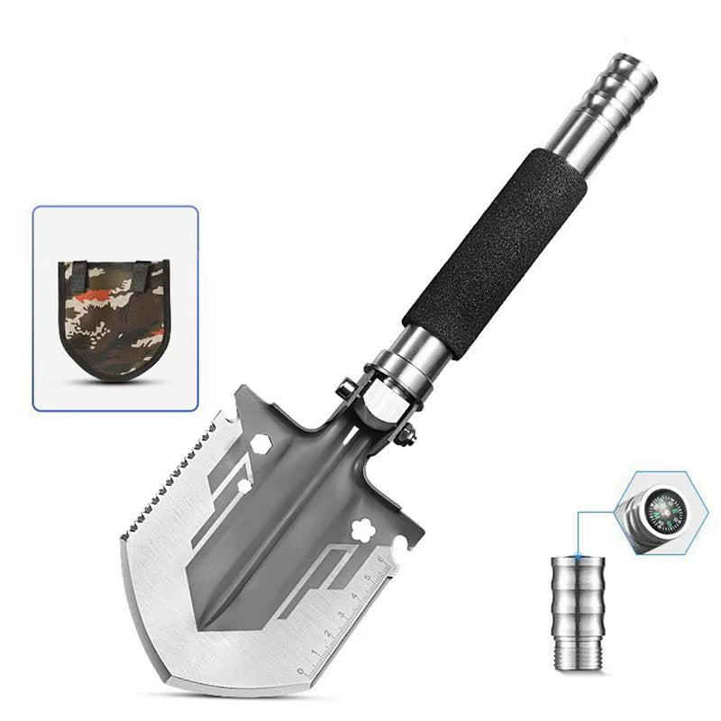 Folding Shovel and Camping Axe Multitool with Compass 