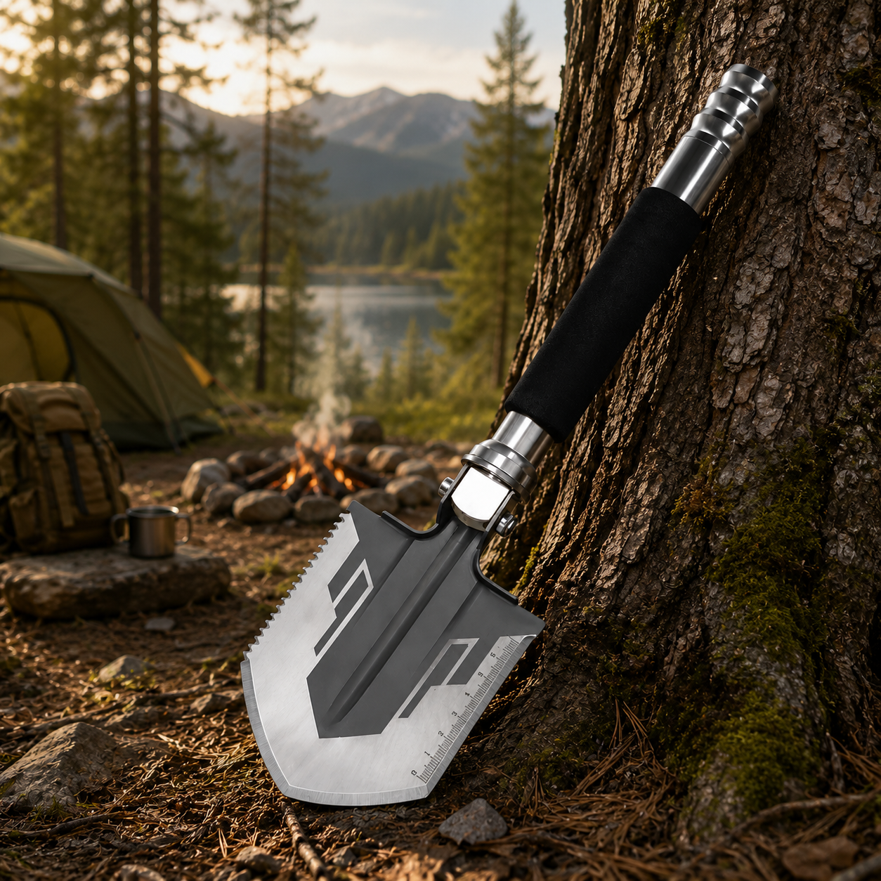 Folding Shovel and Camping Axe Multitool with Compass