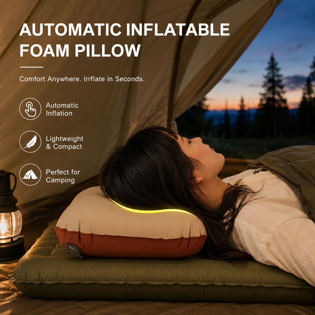 Self-Inflating Camping Pillow - Compact 3D Neck Support for Outdoor Travel